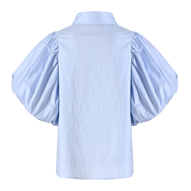 Casual Blue Diamonds Shirts For Women Lapel Puff Short Sleeve Straight Korean Blouses Female Summer Fashion Clothes