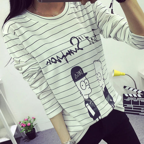 Load image into Gallery viewer, Autumn Spring Creative Lovely Cartoon Printed T-shirts for Women Full Sleeve Simple Loose Top Stripe White T-shirt Female XL-XXL
