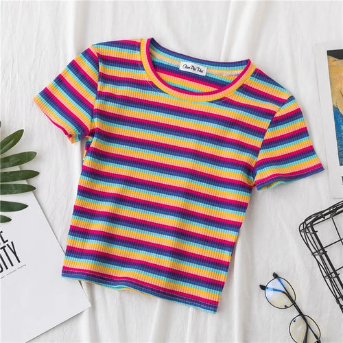 Load image into Gallery viewer, New T Shirt Women Rainbow Striped Tops Slim Fit t shirt Harajuku Tshirt Summer Short Sleeve Korean T-shirt feminina Clothes Tops
