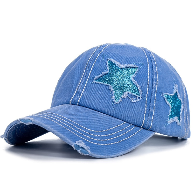 Fashion Women Ponytail Cap Sequins 5-Point Star Hole Design Baseball Cap Female Washed Cotton Streetwear Hats