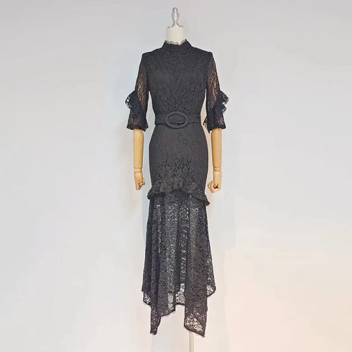 Load image into Gallery viewer, Black Lace Panel Sashes Slim Long Dress Female Turtleneck Half Sleeve High Waist Maxi Dresses For Women 2021 Autumn Clothing
