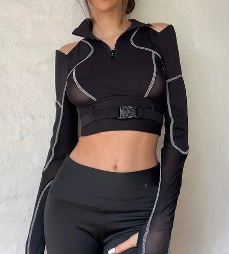 Streetwear Stripe Patchwork Black Turtleneck T-shirt Women Sexy Crop Tops Cold Shoulder Buckle Autumn Tshirt Tee Slim