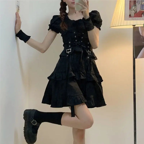 Load image into Gallery viewer, Women&#39;s Gothic Lolita Dress Gothic Punk Mall Goth Kawaii Cute Ruffle Bandage Black Mini Dress Emo Clothes Summer
