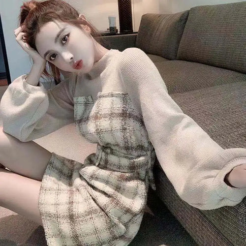 Load image into Gallery viewer, Korean Dress Plaid Fashion Women Spring Autumn Korean Fashion Elegant Dresses for Women Long Sleeve Dress
