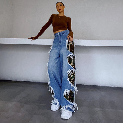 Load image into Gallery viewer, Irregular Streetwear Holes Patchwork Colorblock Jeans Female High Waist Wide Leg Pants For Women Autumn Style
