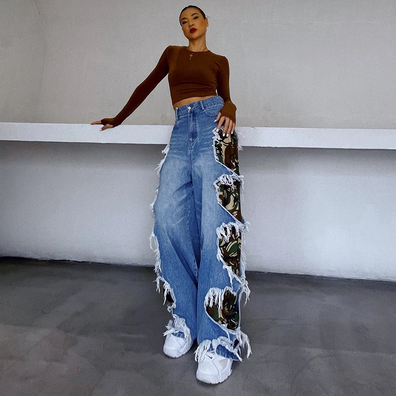 Irregular Streetwear Holes Patchwork Colorblock Jeans Female High Waist Wide Leg Pants For Women Autumn Style