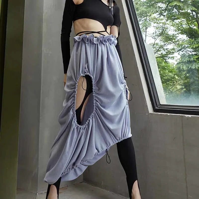 Blue Hollow Out Asymmetrical Sexy Skirt For Women High Waist Solid Mid Skirts Female Summer Clothing Style