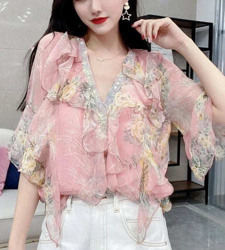 Women's Shirt Floral Chiffon Top Summer Blouses Women 2021v-neck Ruffle Shirt Plus Size Beautiful Tops Cropped