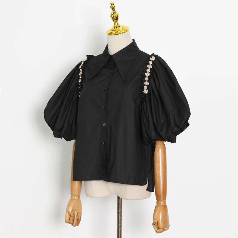 Black Casual Shirt For Women Lapel Lantern Half Sleeve Patchwork Diamonds Designer Straight Blouse Female