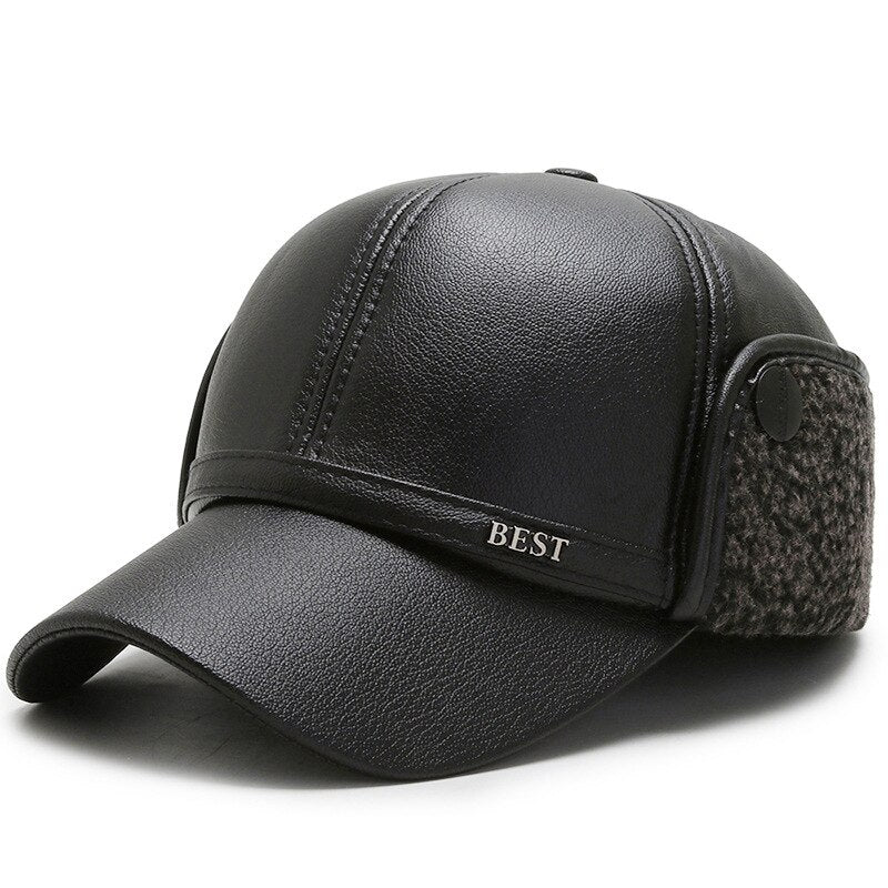 High Quality Men's Winter Baseball Cap Pu Leather Thicken Plus Velvet Warm Snapback Hats Black Cap Casquette Homme