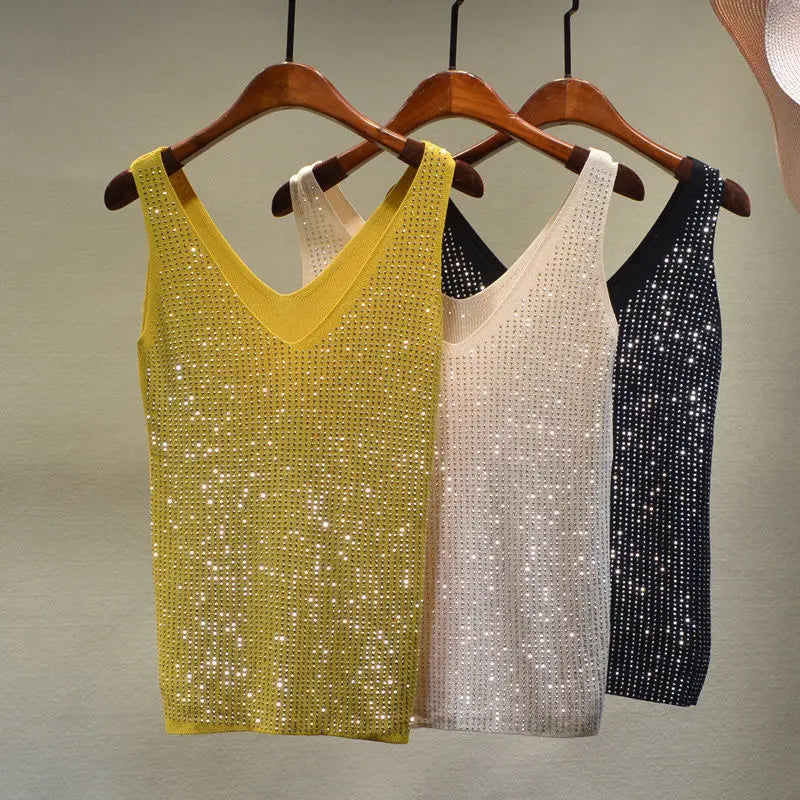 Women's Sexy Sequin Tank Tops Sequin Lace Up Tops V-neck Jacket Basic Camis Vest 2021 Fashion Women Clothing Top Corset