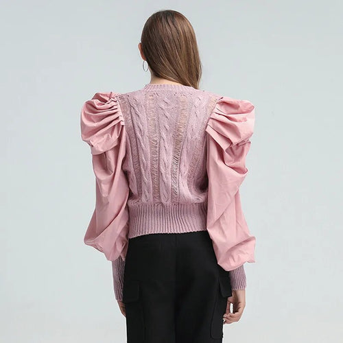 Load image into Gallery viewer, Hole Patchwork Sweater For Women O Neck Puff Sleeve Casual Pink Sweaters Female Spring Fashion Clothing
