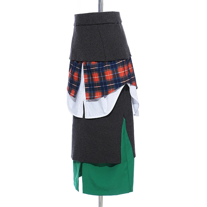 Patchwork Hit Color Design Skirt For Women High Waist Plaid Casual Midi Large Size Skirts Female Fashion Clothes Autumn