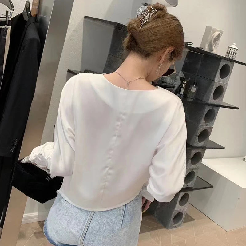White Casual Blouses For Women V Neck Batwing Long Sleeve Asymmetrical Women's Shirts Clothing Fashion Summer