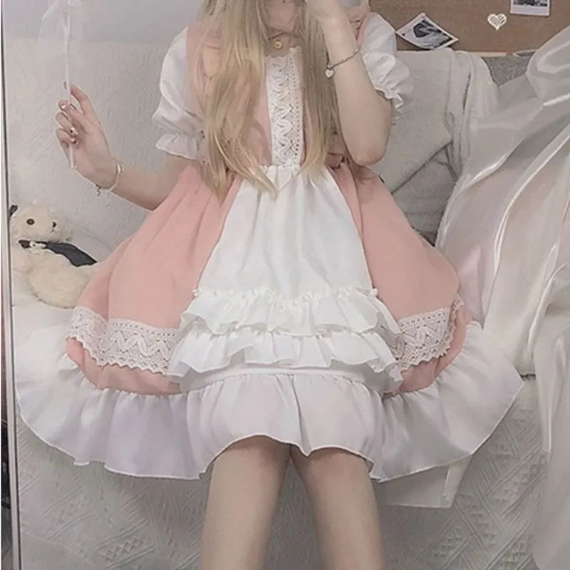 Kawaii Lolita Maid Dress Pink Goth Gothic Birthday Party Dress Puff Sleeve Japanese Harajuku Ruffle Lace-up Soft Girls
