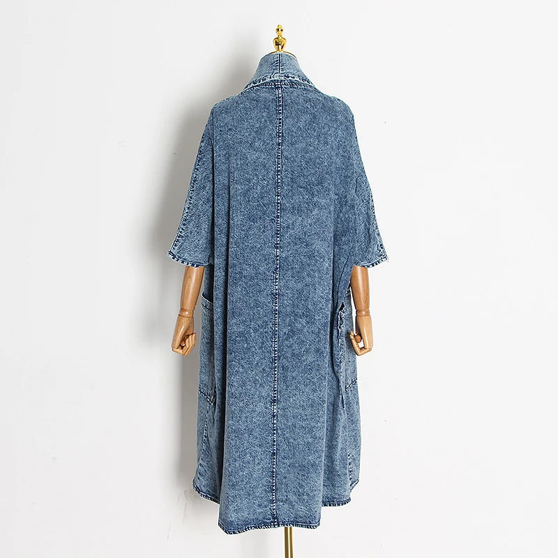 Blue Loose Denim Windbreaker For Women Lapel Half Sleeve Patchwork Pocket Casual Windbreakers Female Fashion Clothing