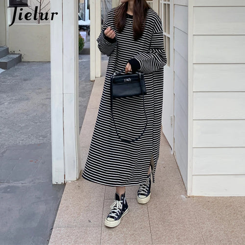 Load image into Gallery viewer, Fleece White Black Striped Hoodies Female Fashion Loose O-neck Maxi Sweatshirt High Street Pullover Women Long Hoodie
