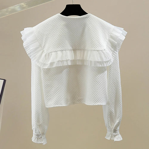Load image into Gallery viewer, Sweet Green Short Women&#39;s Shirts Peter Pan Collar Long Sleeve Ruched Korean Fashion Woman Blouses Autumn Style
