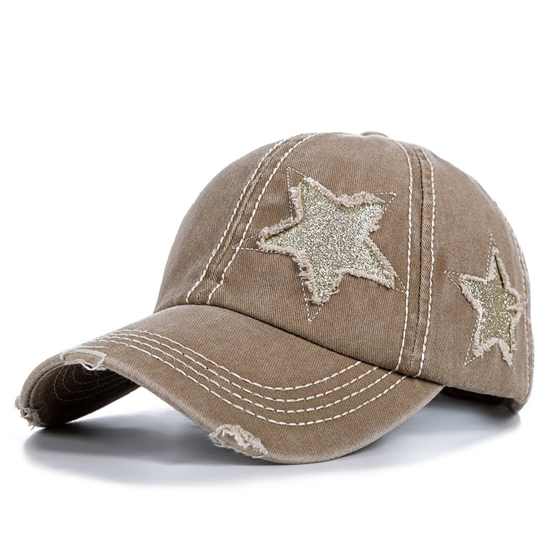 Fashion Women Ponytail Cap Sequins 5-Point Star Hole Design Baseball Cap Female Washed Cotton Streetwear Hats