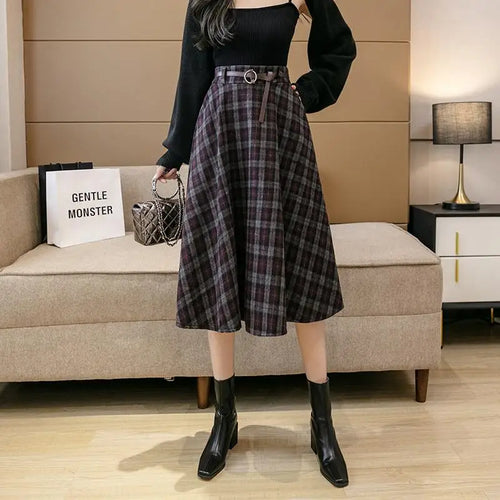 Load image into Gallery viewer, Plaid Skirts Womens Vintage Medium Long Belt Lace Up Pocket High Waist Skirt Loose Winter New All-match Fashion Midi Skirt Lady

