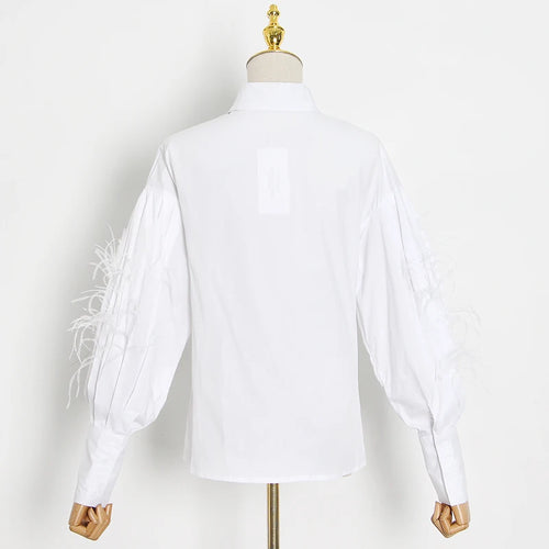 Load image into Gallery viewer, Casual Patchwork Feather Blouse For Women Lapel Lantern Sleeve White Solid Shirt Female Fashion Clothing
