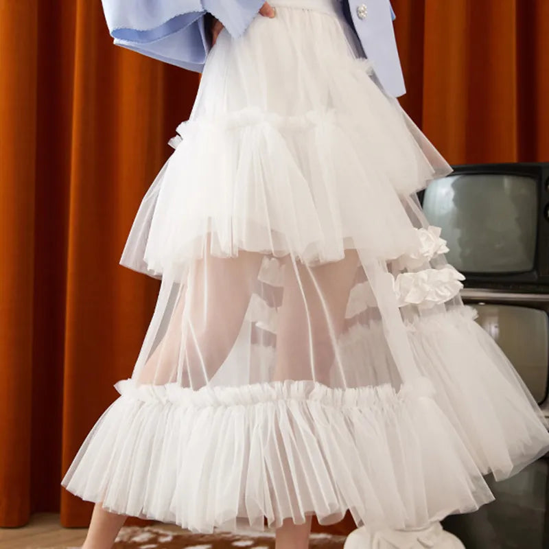 Casual White Skirt For Women High Waist Patchwork Mesh Asymmetrical A Line Midi Skirts Females Summer Fashion Style