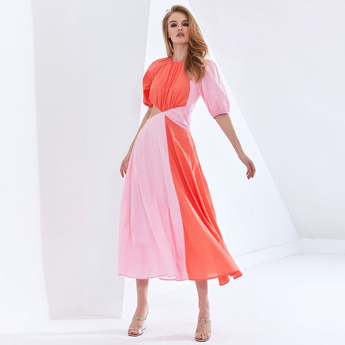 Load image into Gallery viewer, Patchwork Hit Color Asymmetrical Summer Dress For Female Puff Sleeve High Waist Hollow Out Dresses Women
