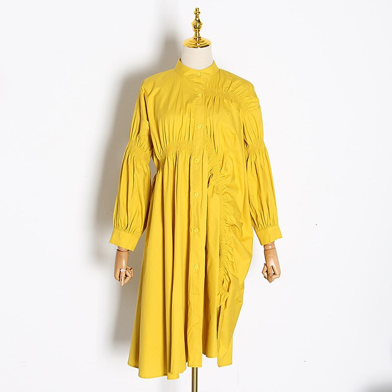 Puff Sleeve Shirt Dress Women Ruched Oversized Casual Dress Female Casual Fashion Clothing Big Size Spring