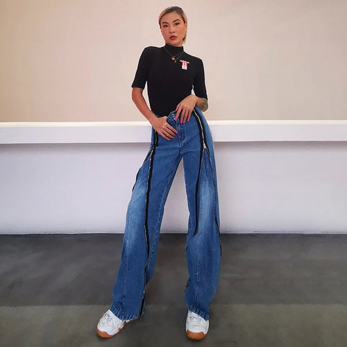 Load image into Gallery viewer, Casual Patchwork Zipper Jeans For Women High Waist Straight Streetwear Wide Leg Pants Female Fall Fashion
