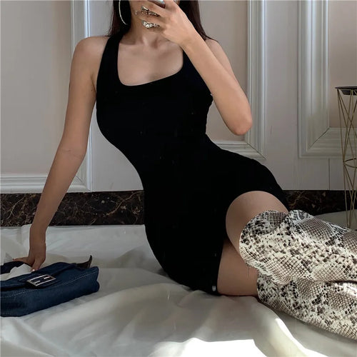 Load image into Gallery viewer, Halter Bodycon Black Tank Dress Mini Fashion Backless Sexy Dresses for Women Slim Party Summer Dress Sundress Ribbed
