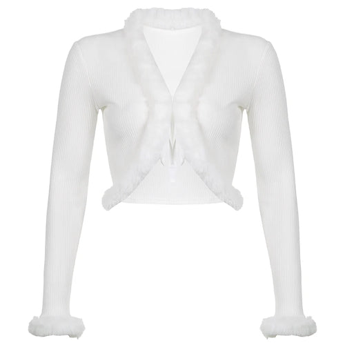 Load image into Gallery viewer, Fashion Autumn Winter Long Sleeve T-shirt Women White Faux Fur Trim Sexy Cardigan Lace Up Cropped Tops Jacket Elegant

