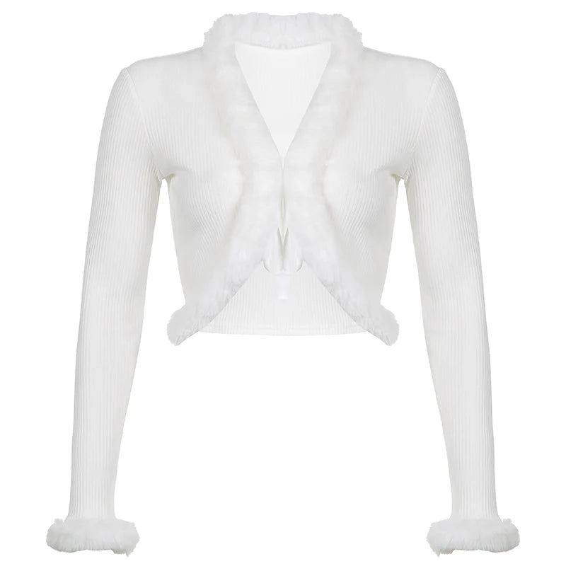 Fashion Autumn Winter Long Sleeve T-shirt Women White Faux Fur Trim Sexy Cardigan Lace Up Cropped Tops Jacket Elegant