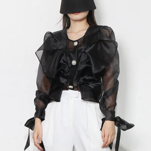 Load image into Gallery viewer, Slim Shirt For Women Round Neck Long Sleeve Ruffle Trim Solid Button Through Blouse Female Fashion Clothing Style
