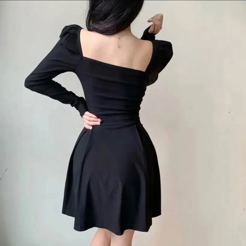 Load image into Gallery viewer, Vintage Bandage Black Mini Dress Women French Puff Sleeve Square Collar Short Dresses Bodycon Wrap Party Korean Style
