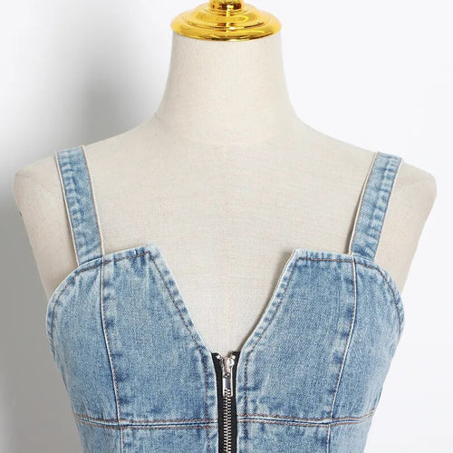 Load image into Gallery viewer, Sexy Patchwork Denim Women Tops Square Collar Sleeveless Spaghetti Strap Tunic Mesh Ruffles Hit Color Vests Female
