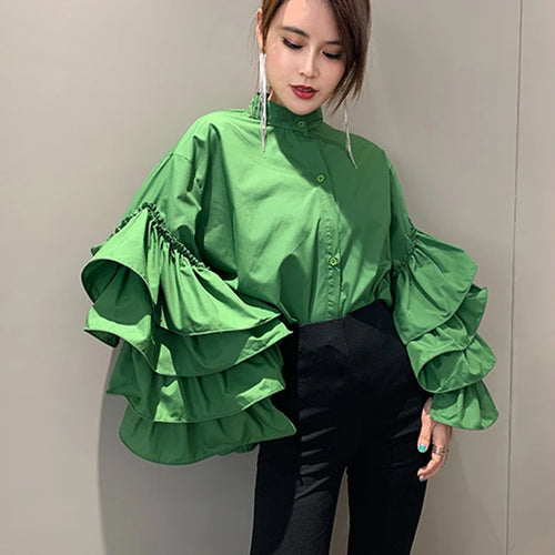 Load image into Gallery viewer, Casual Patchwork Ruffles Women Shirts Stand Collar Lantern Long Sleeve Loose Blouses Female 2020 Summer Fashion Clothes
