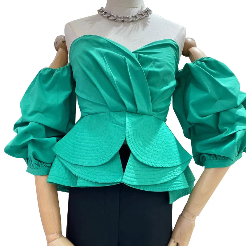 Green Sexy Shirts For Women Slash Neck Puff Half Sleeve Off Shouder Patchwork Ruffle Casual Blouses Female Spring Style