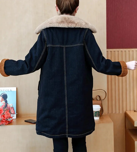 Winter Parka Coat Warm Women Fur Collar Denim Jacket Casual Outerwear Blue Fashion Thicken Jean Coat Female Black 2023