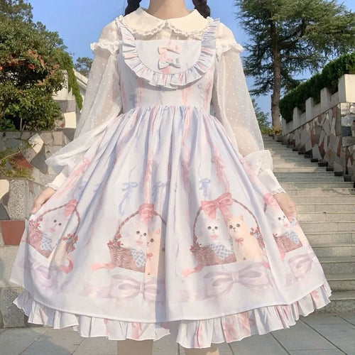 Load image into Gallery viewer, Kawaii Lolita Dress Women Girls JSK Lolita Kawaii Cute Cats Tea Party Dresses Ruffles Cosplay Spring Summer Slip Dress
