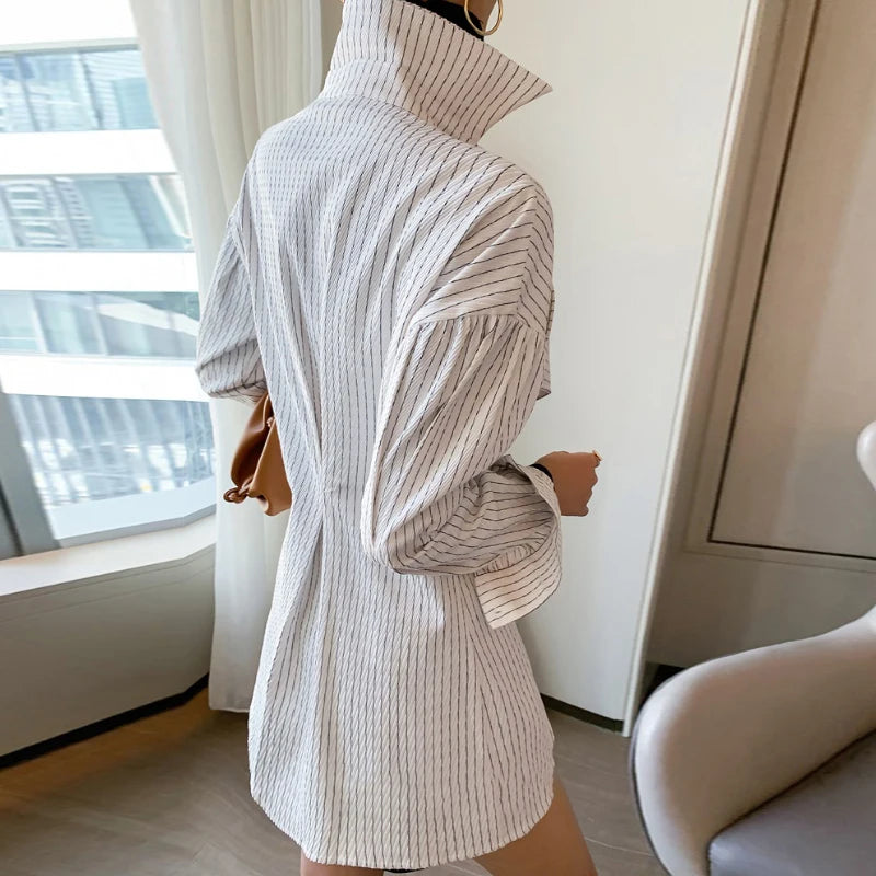 Casual Striped Blouse For Women Lapel Long Sleeve Side Split Large Size Temperament Shirt Female Fashion Clothing