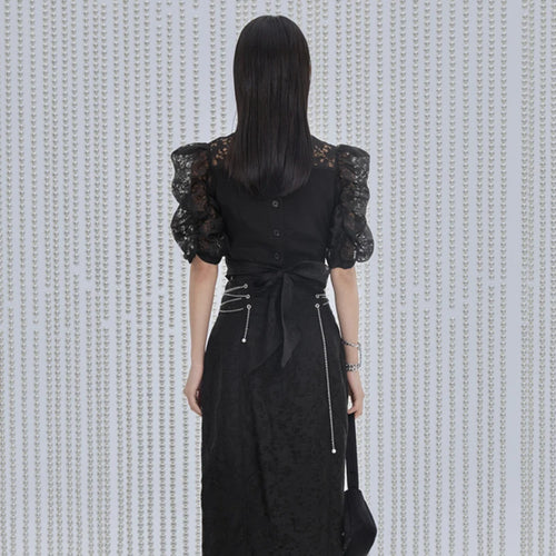 Load image into Gallery viewer, Elegant Patchwork Lace Shirt For Women Stand Collar Puff Sleeve Chinese Style Blouse Female Fashion Clothing
