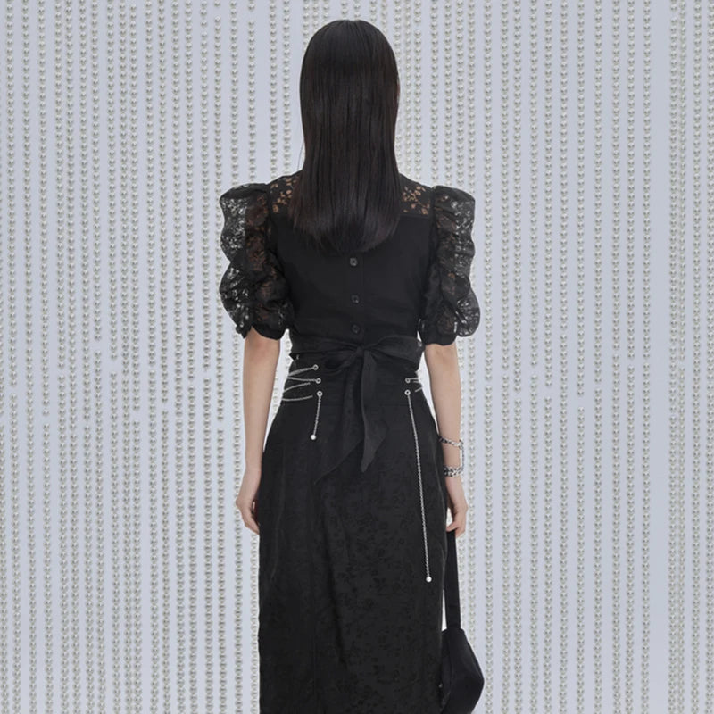 Elegant Patchwork Lace Shirt For Women Stand Collar Puff Sleeve Chinese Style Blouse Female Fashion Clothing