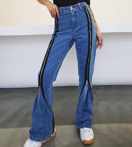 Casual Patchwork Zipper Jeans For Women High Waist Straight Streetwear Wide Leg Pants Female Fall Fashion