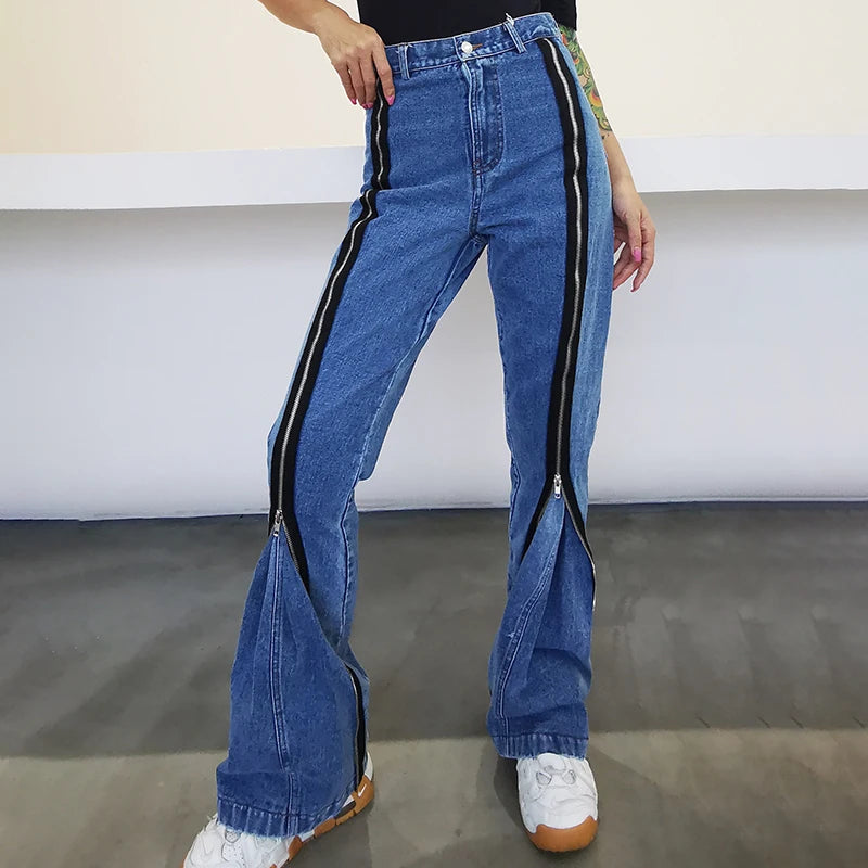 Casual Patchwork Zipper Jeans For Women High Waist Straight Streetwear Wide Leg Pants Female Fall Fashion