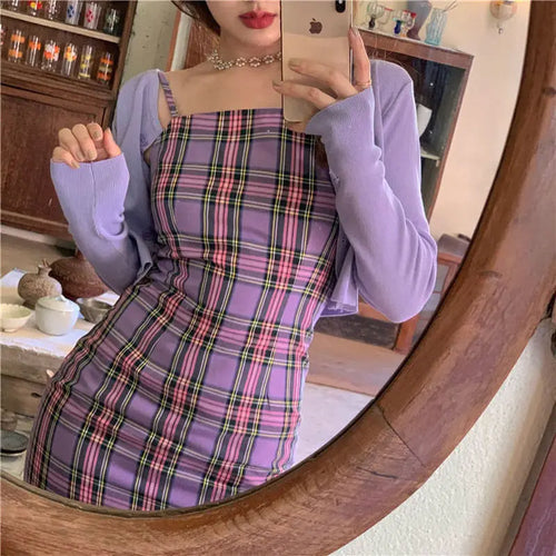 Load image into Gallery viewer, Purple Plaid Print Slip Dress Female Women&#39;s Summer Sundresses Cage Casual Sexy Staple Mini Short Dresses Backless
