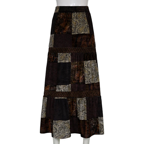 Load image into Gallery viewer, Vintage Y2K Brown Fairycore Grunge Patchwork Long Skirt Autumn Fashion Gothic Graphic Printed High Waist Skirt Female
