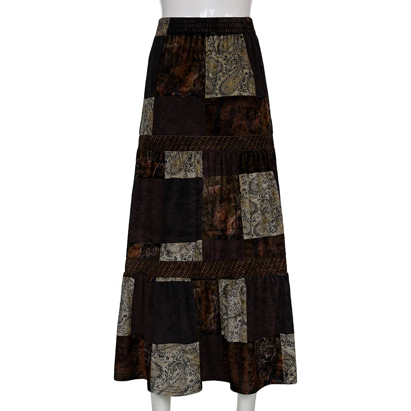 Vintage Y2K Brown Fairycore Grunge Patchwork Long Skirt Autumn Fashion Gothic Graphic Printed High Waist Skirt Female