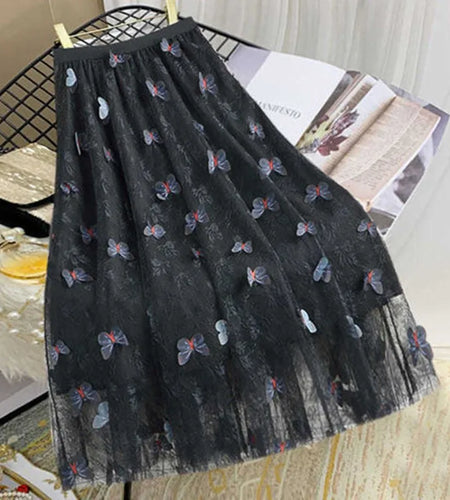 Elastic High Waist Skirt Ladies Summer Vintage Jacquard Butterfly Tulle Skirts Womens Fashion Embroidery Mesh Midi Skirt Women