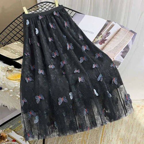 Load image into Gallery viewer, Elastic High Waist Skirt Ladies Summer Vintage Jacquard Butterfly Tulle Skirts Womens Fashion Embroidery Mesh Midi Skirt Women
