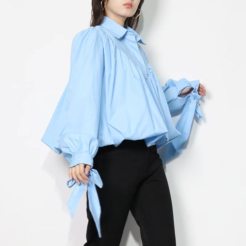 Load image into Gallery viewer, Loose Frill Trim Shirt For Women Lapel Long Sleeve Casual Lace Up Bow Blouse Female Fashion Clothing Autumn
